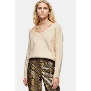 Topshop Oat Knitted Brushed Bardot V-Neck Pullover Sweater NWT